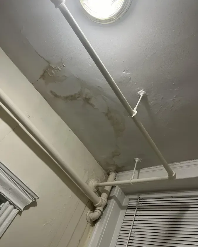 Water stains running across a ceiling beside an old pipe