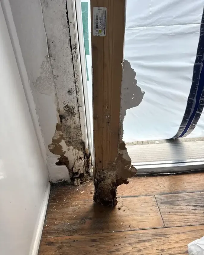 A corroded pipe leak traced at the base of a wall