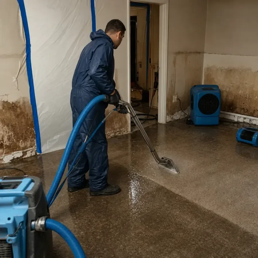 Restoration technician extracting water from the floor of a water damaged room with plastic containment up