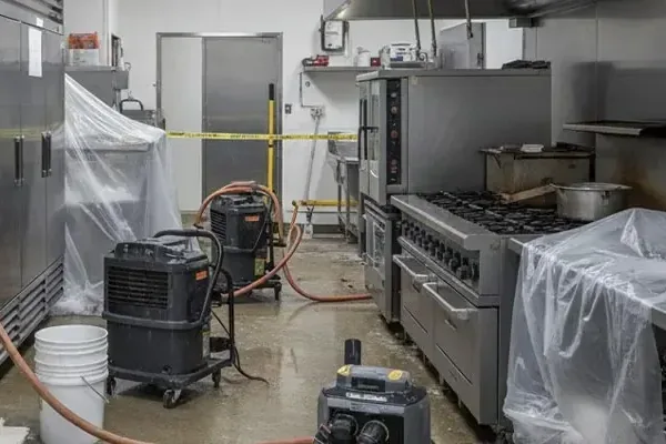 Drying equipment and plastic sheeting in a restaurant kitchen after a water loss