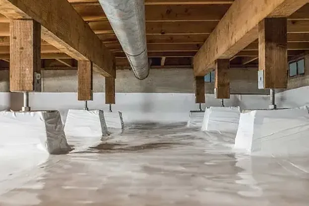 Standing water on a vapor barrier between crawl space piers