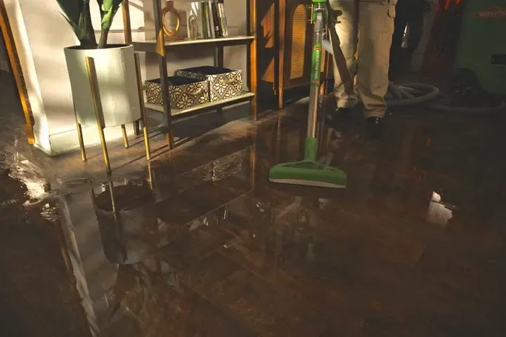 Storm and flood water cleanup underway inside a home