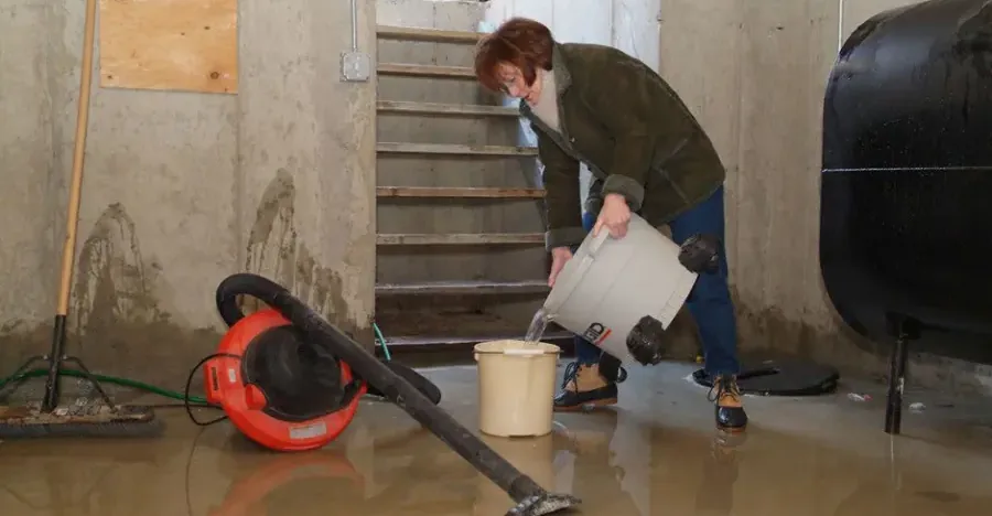 Technician running an extraction wand over standing water on a floor