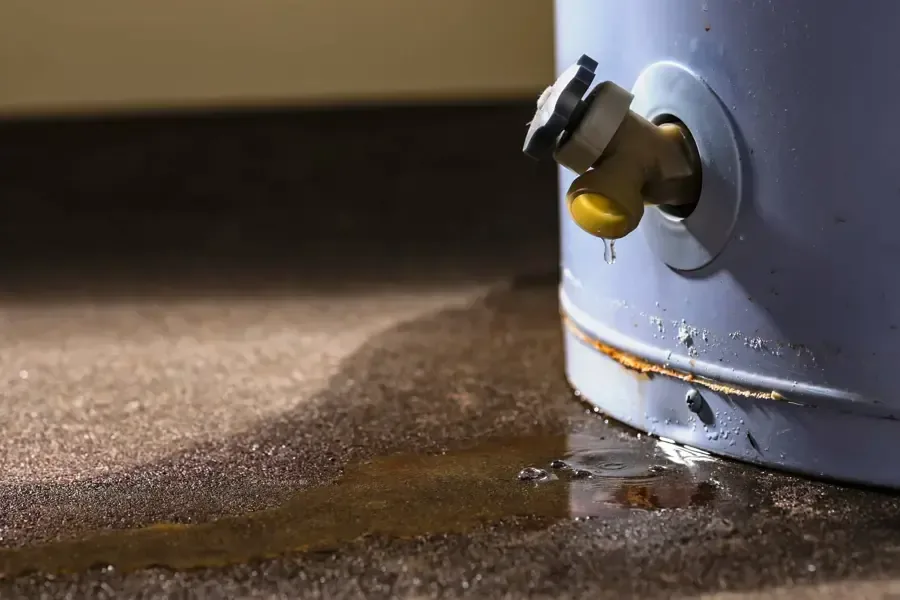 Water pooling around the base of a leaking tank water heater